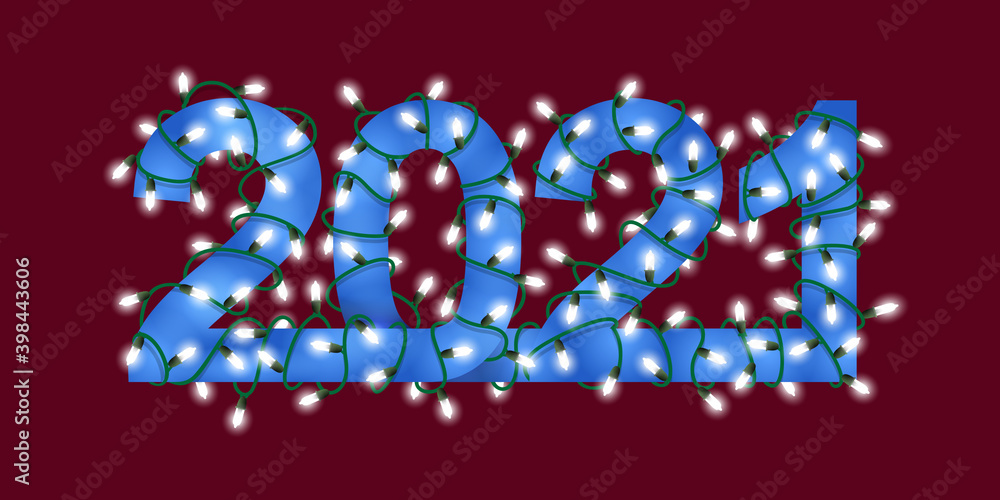 Glowing festive garland text blue numbers 2021 illustration - Happy New Year