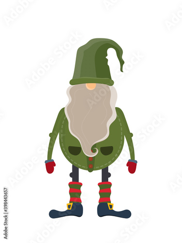 Christmas gnome in green clothes. Little man with a beard and a green hat. Vector.