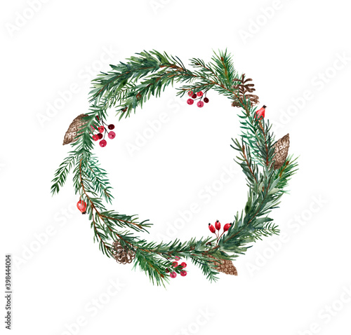 Watercolor Christmas wreath. Hand painted evergreen plants branches, greenery...