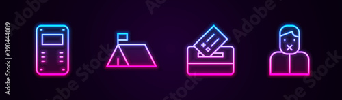 Set line Police assault shield, Protest camp, Vote box and Censor and freedom of speech. Glowing neon icon. Vector.