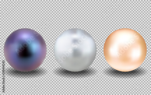 Set of realistic pearls. Round white, purple, beige, formed in the shell of a pearl oyster, a gem. Vector illustration