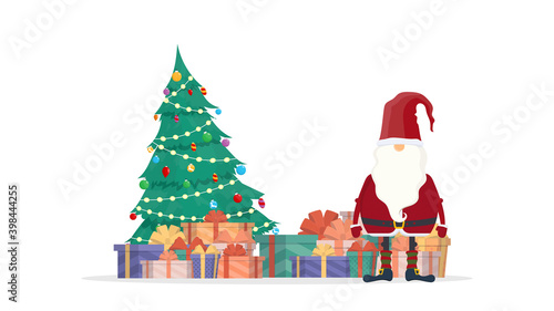 Santa claus with christmas tree and gifts. Christmas tree, garlands, gifts. Vector.