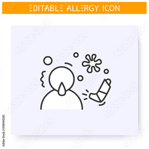 Respiratory allergy line icon. Allergy symptoms, astma, anaphylaxis. Inhaler. Immunity reaction, immune intolerance and immunotherapy concept. Isolated vector illustration. Editable stroke 