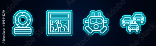 Set line Lying burning tires, Broken window, Gas mask and Traffic jam. Glowing neon icon. Vector.