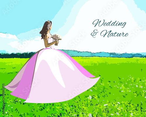 Vector illustration . Girl in a wedding dress in nature, among the grass and flowers against the sky