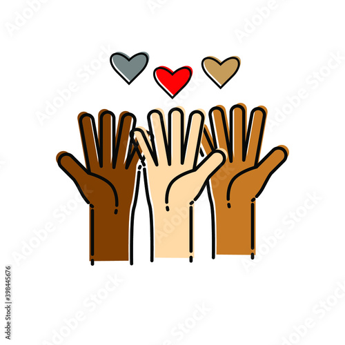 Fists hands up vector illustration. Concept of unity,solidarity, revolution, fight, cooperation. Flat outline design. Used for designs and logos.