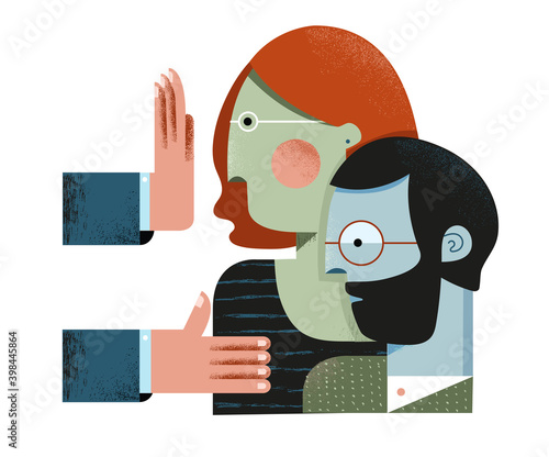 A man being accepted while a woman is being rejected. Hiring process. Workplace bullying. 