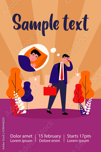 Tired sleepy office man walking to work. Sad exhausted businessman going outside. Flat vector illustration for coffee addiction, insomnia, sleep problem concept