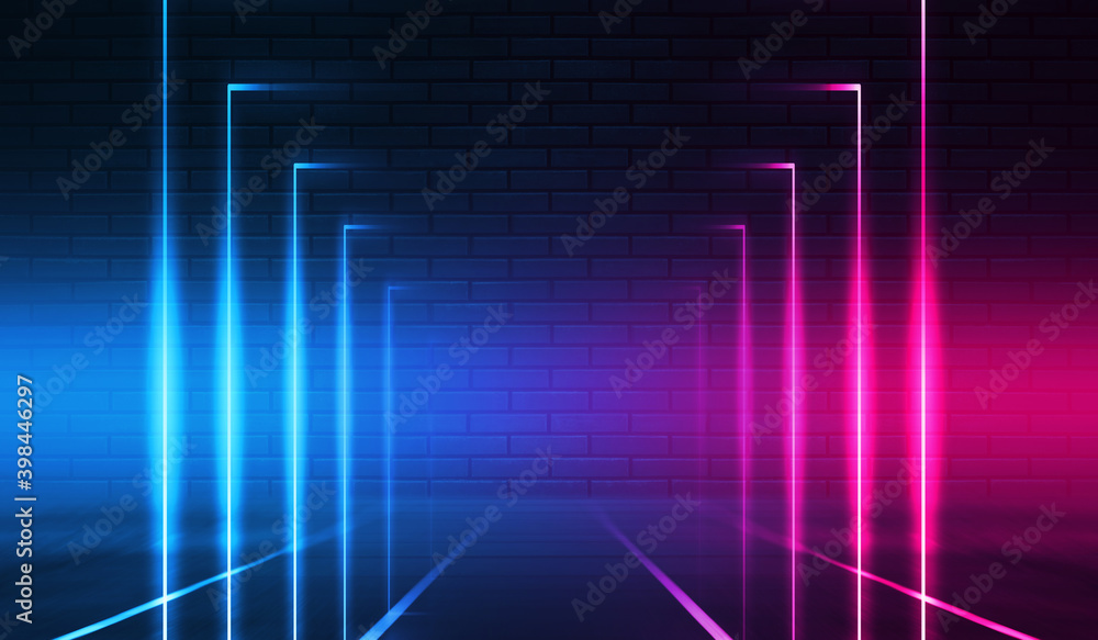 Neon shapes on a dark brick wall. Ultraviolet lighting. Brick wall, concrete floor. 3d illustration Neon shapes on a dark brick wall. Ultraviolet lighting. Brick wall, concrete floor. 3d illustration