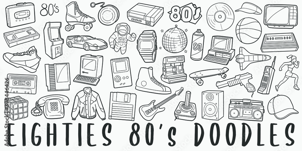 Eighties, doodle icon set. 80 Years Style Vector illustration collection. Banner Hand drawn Line art style. Eighties, doodle icon set. 80 Years Style Vector illustration collection. Banner Hand drawn Line art style.
