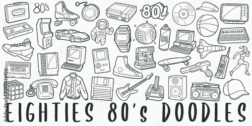 Eighties, doodle icon set. 80 Years Style Vector illustration collection. Banner Hand drawn Line art style.