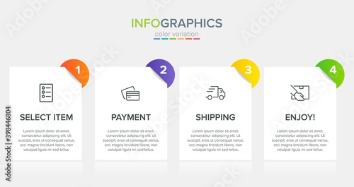 Concept of shopping process with 4 successive steps. Four colorful graphic elements. Timeline design for brochure, presentation, web site. Infographic design layout.