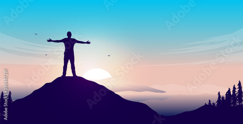 Mental happiness - Man on mountain peak with open arms welcoming a new day with sunrise and beautiful view. Vector illustration.