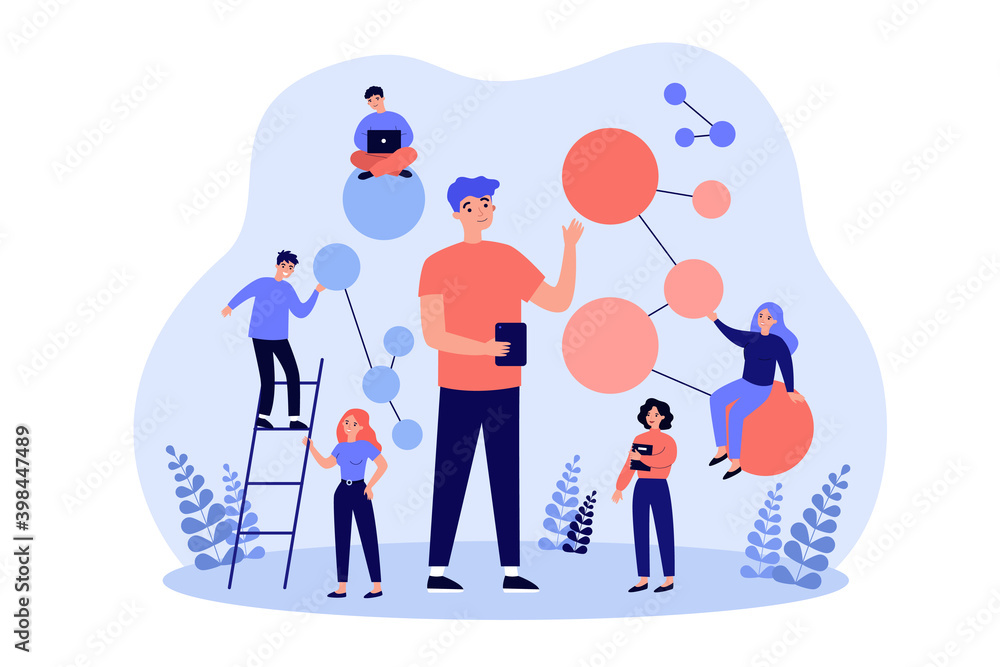 Scientists doing research at neural connections and AI algorithm. Tiny people with gadgets and molecule models. Vector illustration for science, technology, artificial intelligence concept Scientists doing research at neural connections and AI algorithm. Tiny people with gadgets and molecule models. Vector illustration for science, technology, artificial intelligence concept
