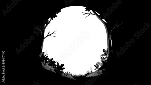 Forest and nature frame - Oval border in black and white colours with empty hole in middle, vector illustration.