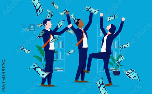 Business team celebrating money - Diverse team of people made a big sale showing excitement and cheering over profits. Vector illustration.