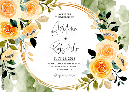 Wedding invitation card with yellow floral watercolor abstract background