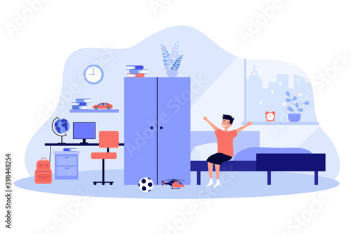 Kid waking up in morning, sitting on bed and stretching hands. Boys bedroom interior, computer, soccer ball, window. Vector illustration for childhood, home, child room concept