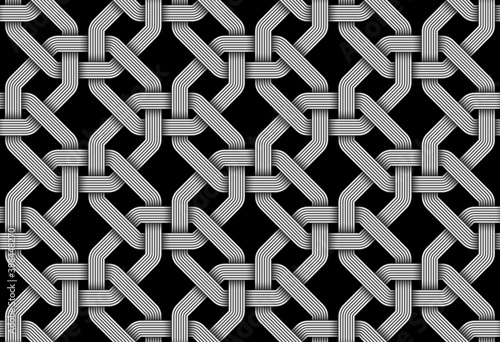 Vector seamless decorative pattern of woven octagonal shaped metallic wires.