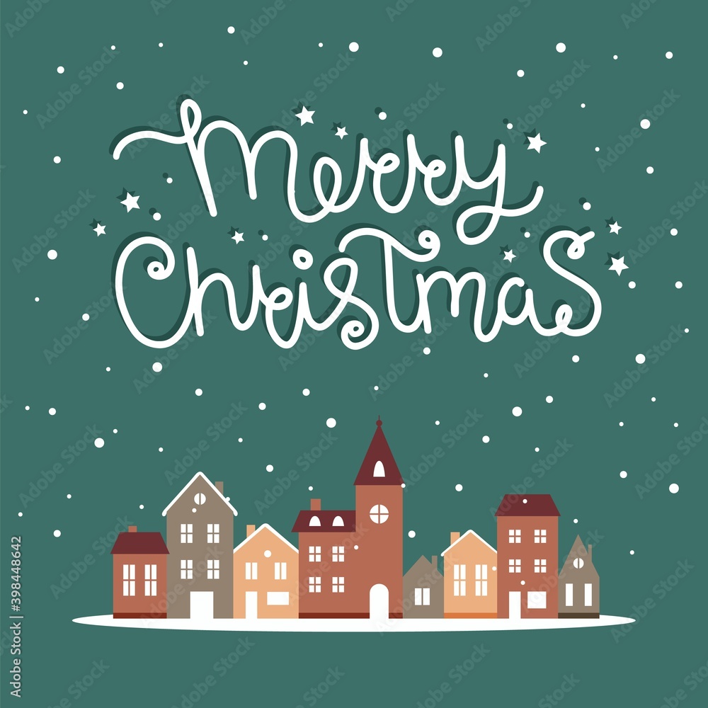 Merry christmas winter houses with snow, cute vector illustration in flat style with lettering