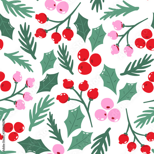 Seamless pattern with traditional Christmas foliage. Repeat design with red and pink berries, pine branches and ivy leaves on dark background