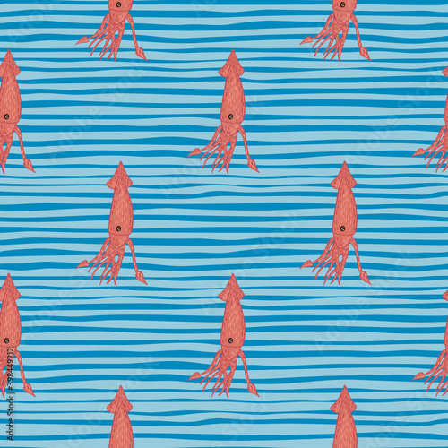 Cartoon ocean seamless pattern with orange bright squid shapes. Blue striped background.