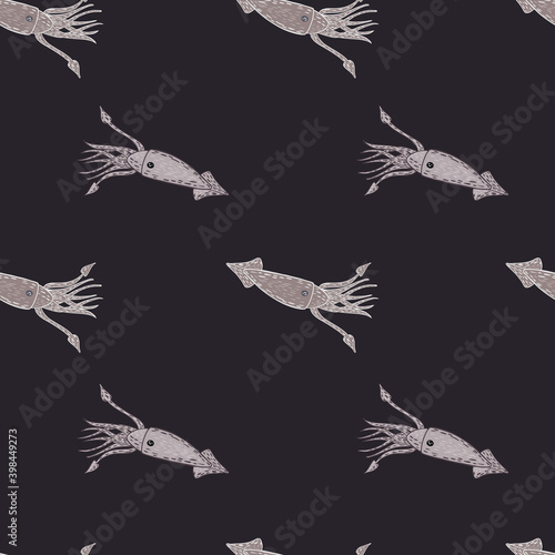 Dark ocean seamless pattern with doodle grey hand drawn squids. Brown background. Fish sketch.