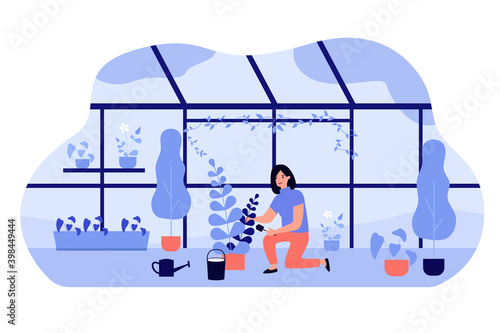 Woman growing plants in pots in greenhouse, using shovel and watering pots, cultivating houseplants. Vector illustration for home garden, florist job, nature, hobby concept