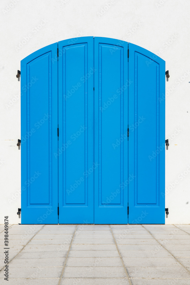 wooden blue painted door or window in white wall wooden blue painted door or window in white wall