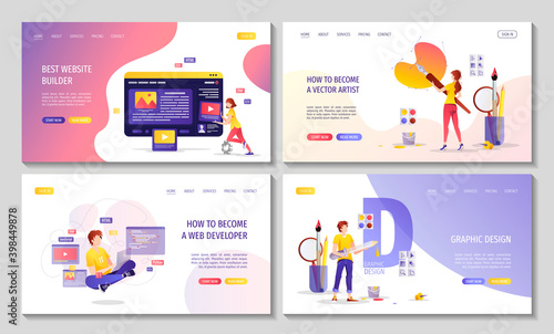 Set of web pages for Web designer, Website developer, Programmer, Graphic design, Digital illustrator, Vector artist. Vector illustration for banner, presentation, advertising, commercial.