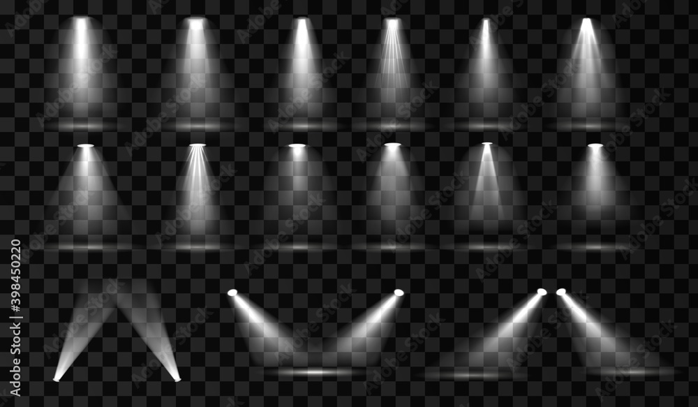 grundlæggende Urskive krøllet Stage spotlight vector set. Spot light effect with transparent background.  Scene illumination collection. Bight light beam Stock Vector | Adobe Stock