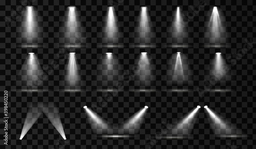 Stage spotlight vector set. Spot light effect with transparent background. Scene illumination collection. Bight light beam