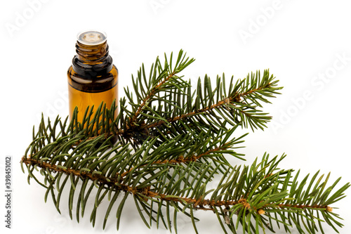 Spruce essential oil in a bottle, with fresh spruce twigs on white background