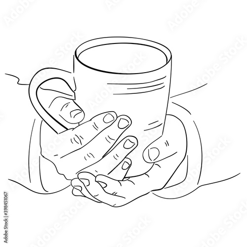Vector image of a cup in hands. Warm winter illustration depicting a mug of hot tea, cocoa or coffee warming hands during the cold season. Food sketch