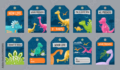 Special tag designs with dino characters. Funny different dinosaurs on blue background. Creatures and fossil reptiles concept. Template for greeting labels or invitation card