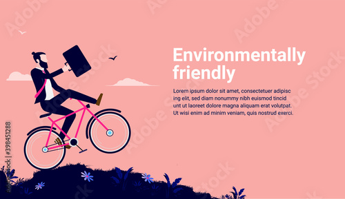 Environmentally friendly business - Businessman riding bike to work. Saving the environment and getting exercise. Humorous vector illustration with copy space for text