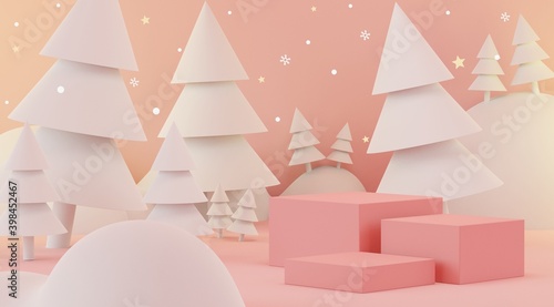 3d rendering scene of Christmas holiday concept decorate with tree and displays podium or pedestal for mock up and products presentation.