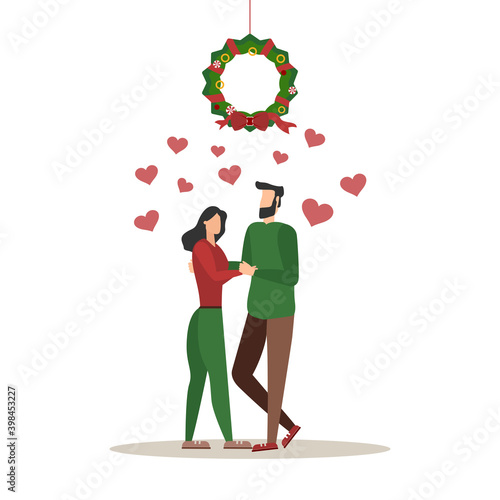 couple of young people on christmas day kissing under the mistletoe wreath. Vector