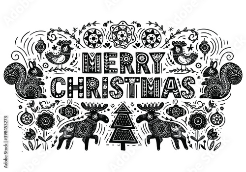 Merry Christmas. Vector Christmas card with moose, squirrel, bird and hand drawn lettering. Scandinavian style Christmas card. 