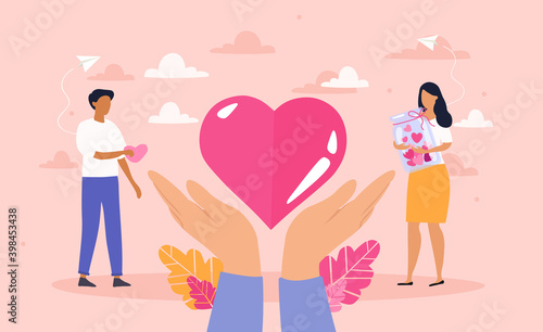 A symbol of kindness and mercy. Hands holding love heart symbol. Charity and volunteering activity abstract concept. Social support and awareness. Flat cartoon vector illustration.