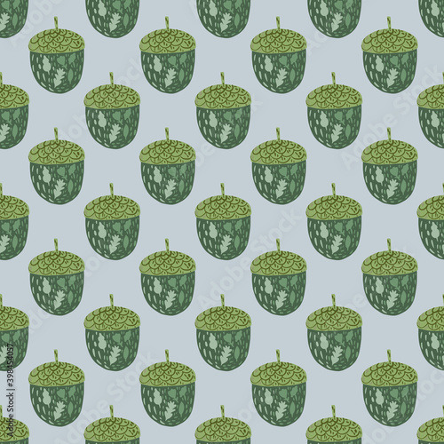 Green acorn doodle silhouettes seamless pattern. Light blue background. Nature print.