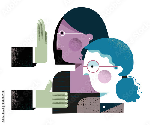 A woman being accepted while another woman is being rejected. Hiring process. Workplace bullying. 