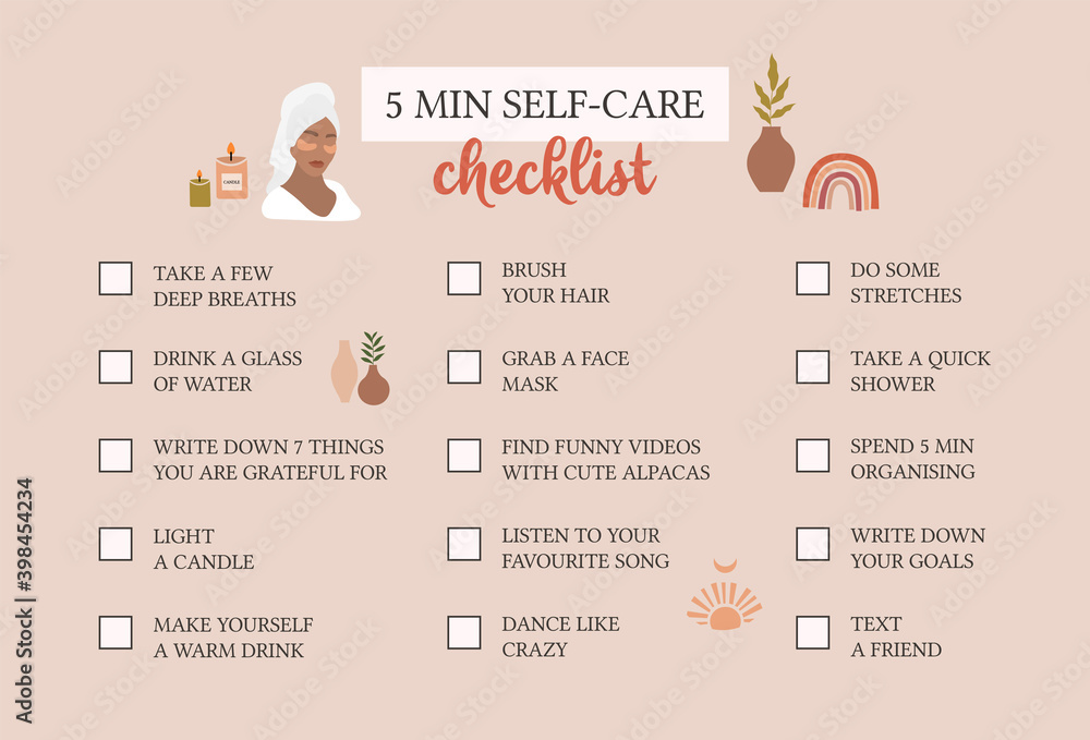 Self care checklist. Self love and self care ideas. Vector Stock Vector