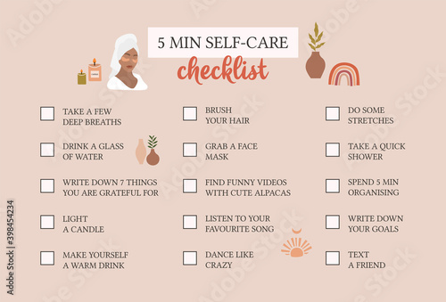 Self care checklist. Self love and self care ideas. Vector photo