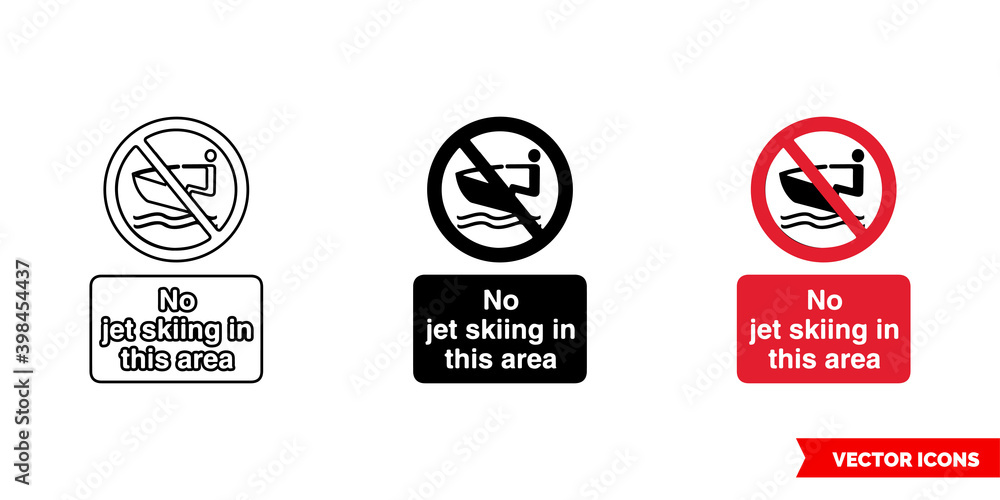No jet skiing in this area prohibitory sign icon of 3 types color, black and white, outline. Isolated vector sign symbol. No jet skiing in this area prohibitory sign icon of 3 types color, black and white, outline. Isolated vector sign symbol.