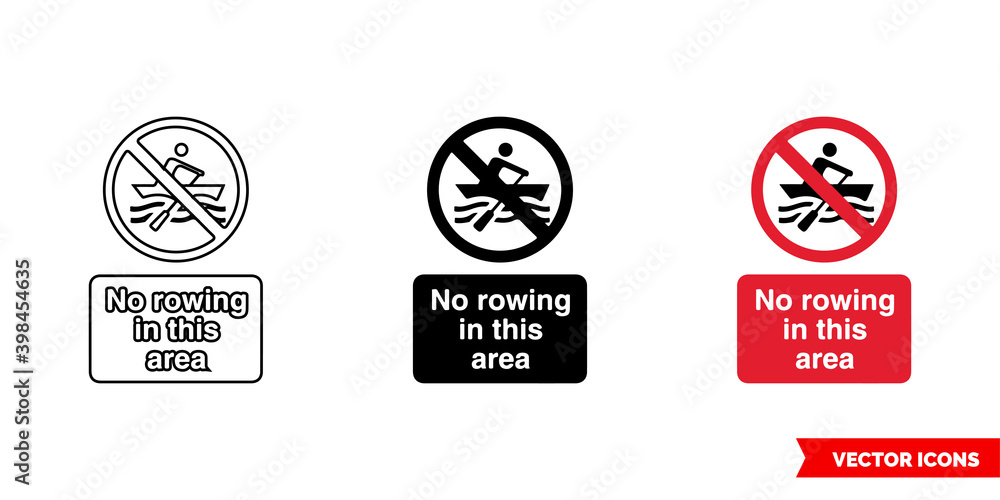 No rowing in this area prohibitory sign icon of 3 types color, black and white, outline. Isolated vector sign symbol.