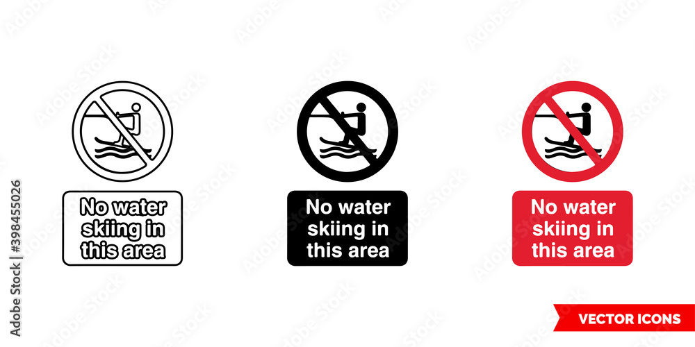 No water skiing in this area prohibitory sign icon of 3 types color, black and white, outline. Isolated vector sign symbol. No water skiing in this area prohibitory sign icon of 3 types color, black and white, outline. Isolated vector sign symbol.