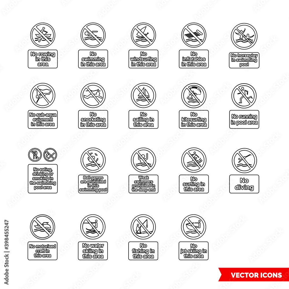 Water safety prohibitory signs icon set of outline types. Isolated ...