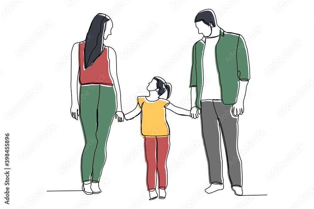 Continuous line drawing of happy family dad, mom, and child. Single ...