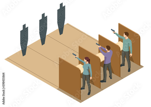 Isometric men aiming pistol at target in indoor firing range or shooting range. Shooters practising tactical shooting in a modern indoor gun range.